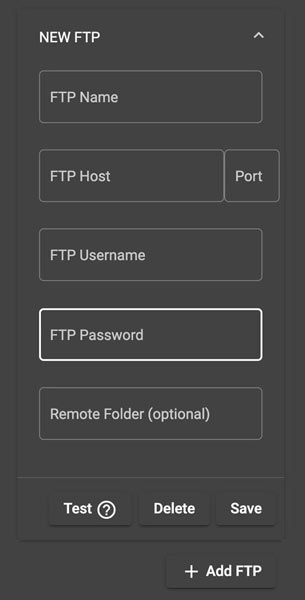 a screenshot of the add new ftp panel in the profile settings view